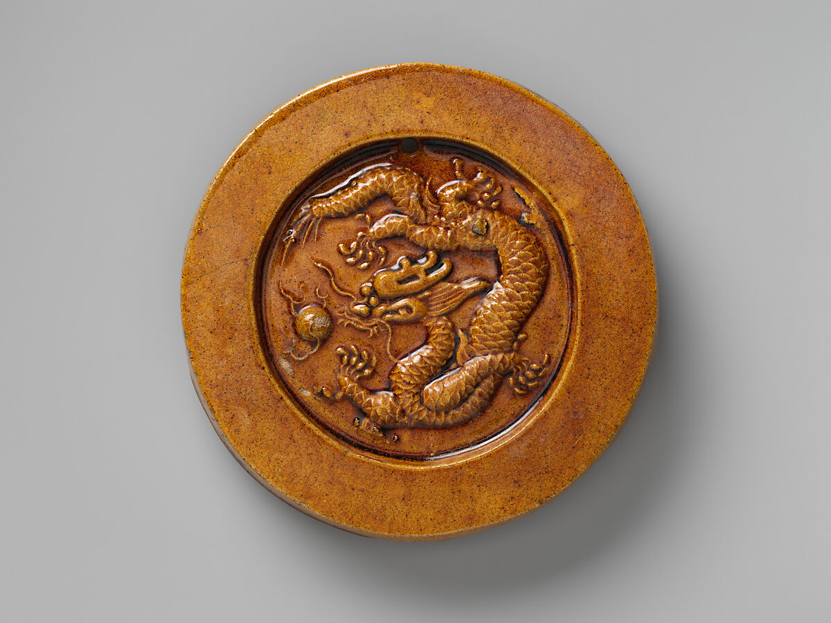 Roof tile end with dragon, Earthenware with yellow glaze, China 