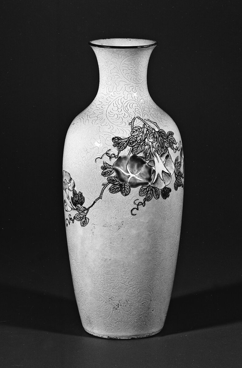 Vase with flowers, Porcelain painted in overglaze polychrome enamels over a yellow sgraffito ground of vegetal scrolls (Jingdezhen ware), China 