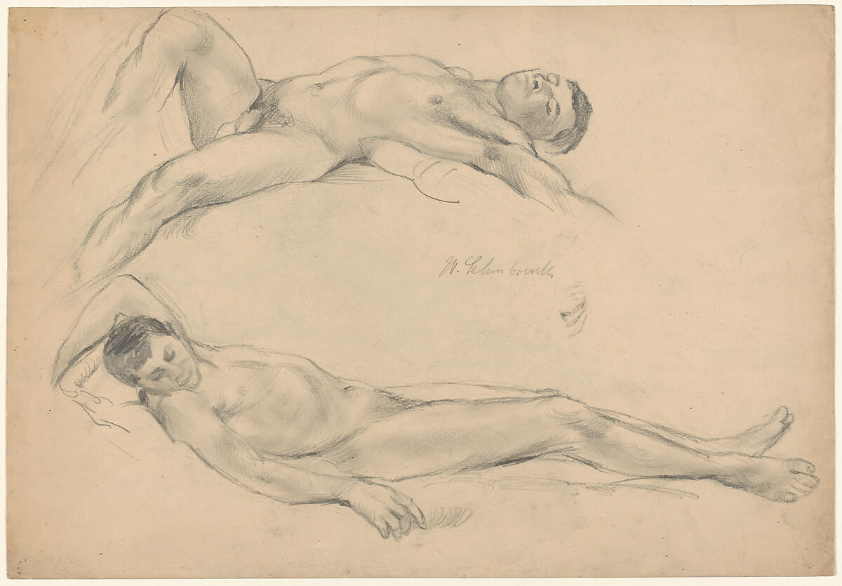 Two Studies of a Reclining Man, Wilhelm Lehmbruck (German, Duisburg 1881–1919 Berlin), Graphite on paper 