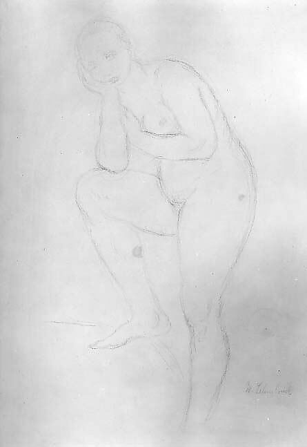 Standing Nude model, Facing Left, Wilhelm Lehmbruck (German, Duisburg 1881–1919 Berlin), Blue crayon on paper 