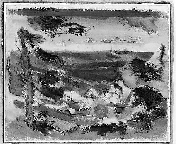 Trees, Rocks, Sea - Maine, John Marin (American, Rutherford, New Jersey 1870–1953 Cape Split, Maine), Watercolor and fabricated chalk on paper mounted on paper with watercolor 