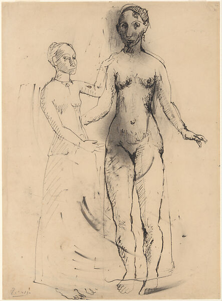 Two Women of Gósol, Pablo Picasso (Spanish, Malaga 1881–1973 Mougins, France), Ink and fabricated chalk on paper 