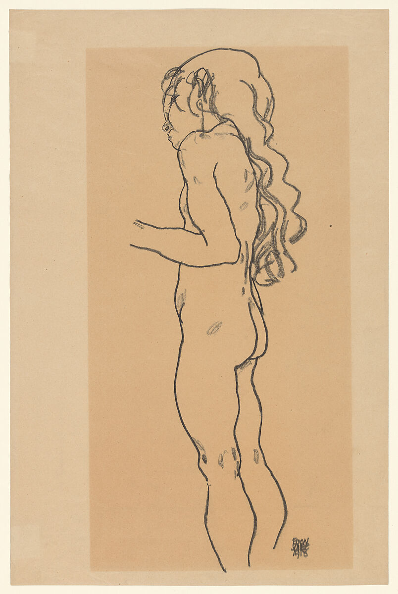 Standing Nude Girl, Facing Left, Egon Schiele (Austrian, Tulln 1890–1918 Vienna), Charcoal on paper 