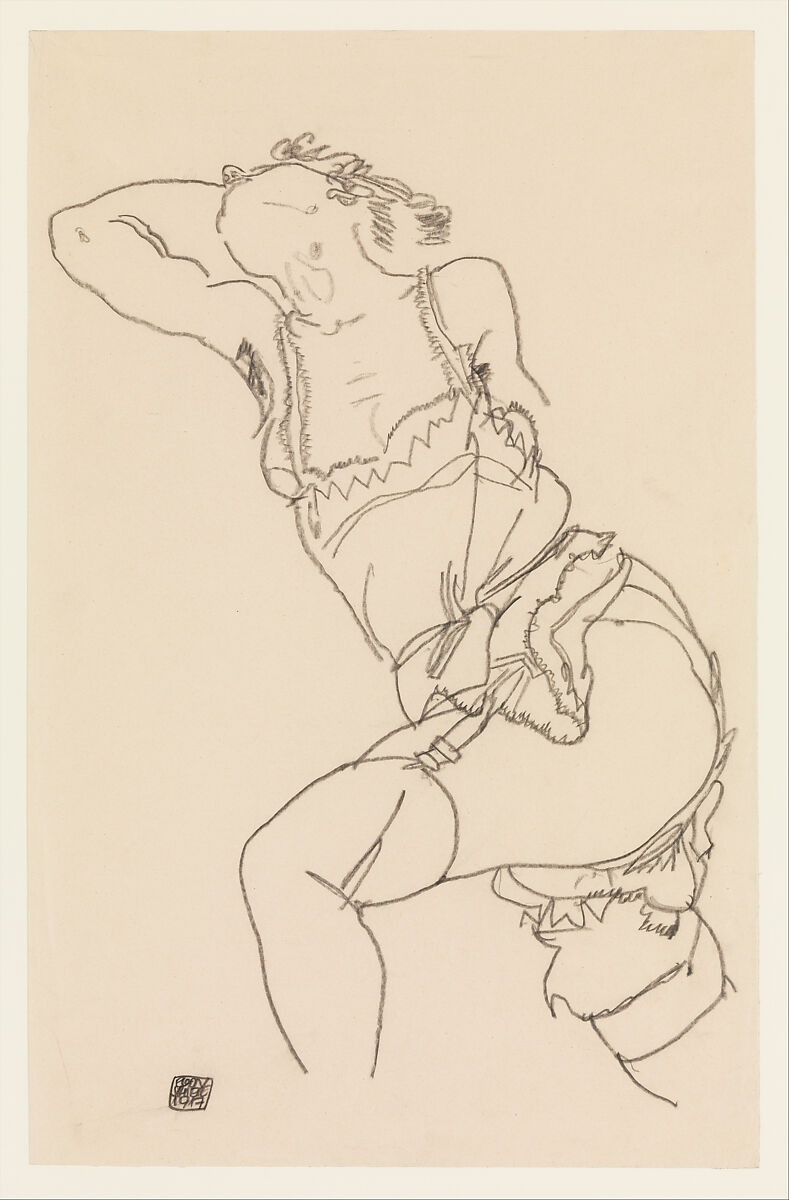 Reclining Model in Chemise and Stockings, Egon Schiele (Austrian, Tulln 1890–1918 Vienna), Charcoal on paper 