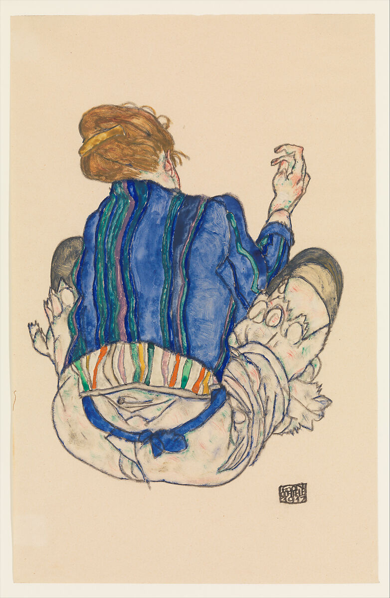Seated Woman, Back View, Egon Schiele (Austrian, Tulln 1890–1918 Vienna), Watercolor, opaque watercolor, and graphite on paper 