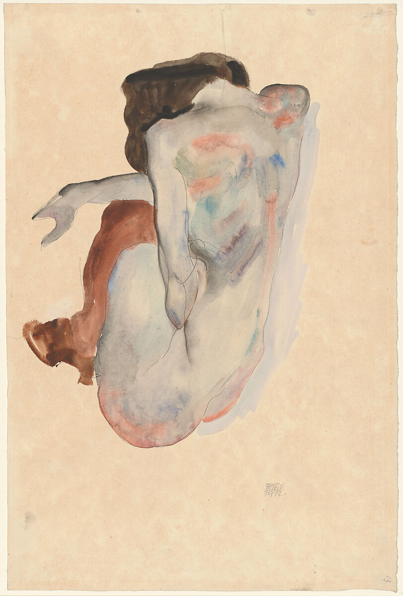 Crouching Nude in Shoes and Black Stockings, Back View, Egon Schiele (Austrian, Tulln 1890–1918 Vienna), Watercolor, gouache and graphite on paper 