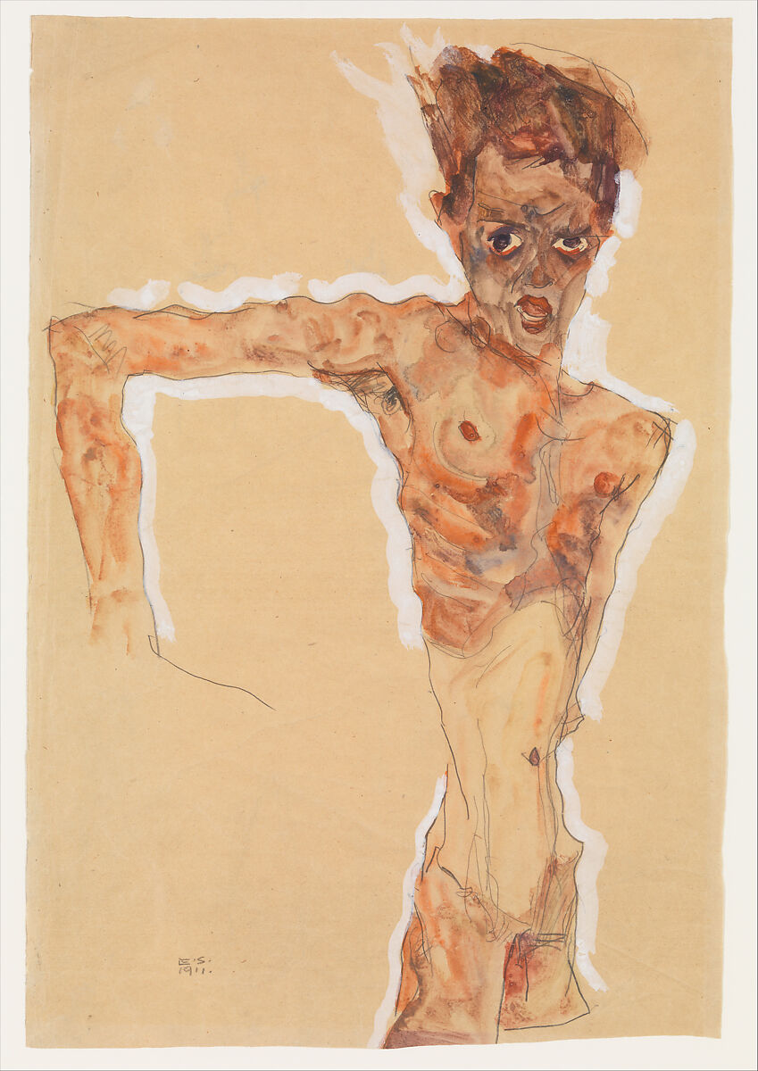 Self-Portrait, Egon Schiele (Austrian, Tulln 1890–1918 Vienna), Watercolor, gouache, and graphite on paper 