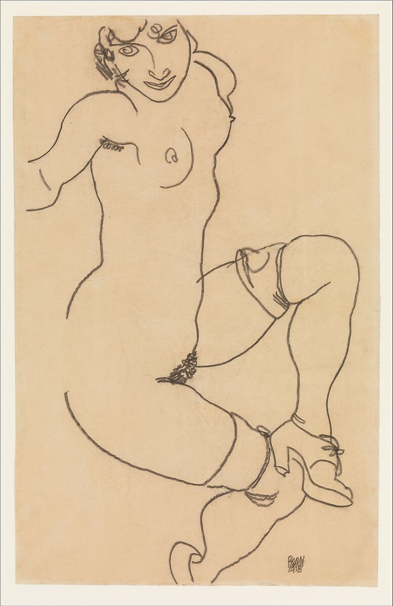 Seated Nude in Shoes and Stockings, Egon Schiele (Austrian, Tulln 1890–1918 Vienna), Charcoal on paper 