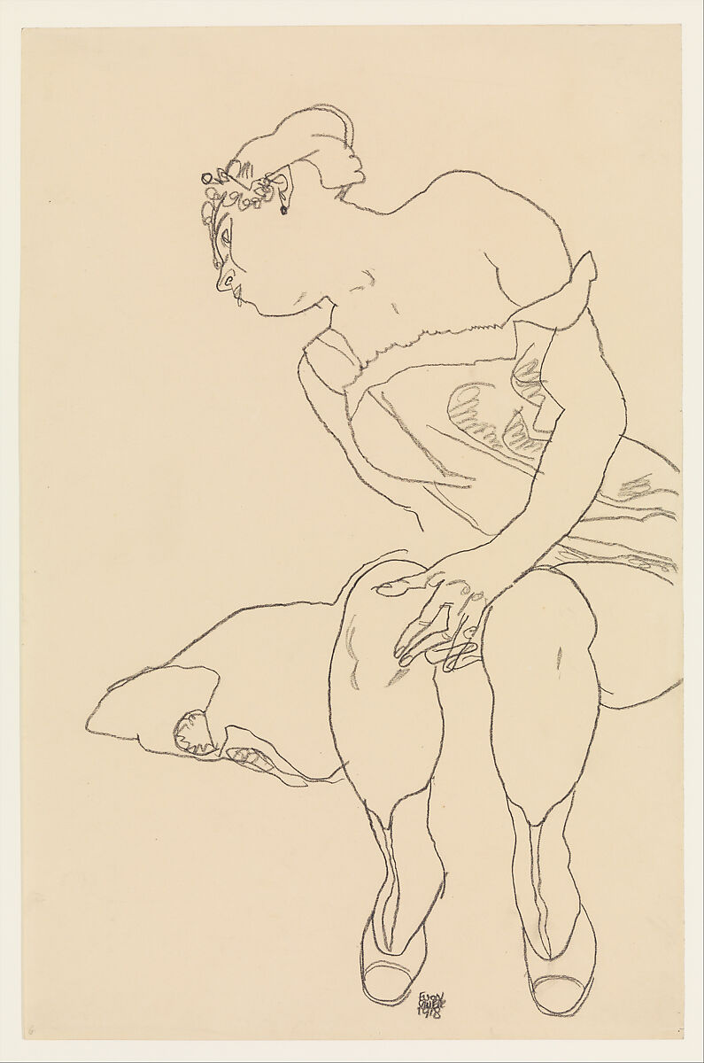 Seated Woman in Corset and Boots, Egon Schiele (Austrian, Tulln 1890–1918 Vienna), Black crayon on paper 