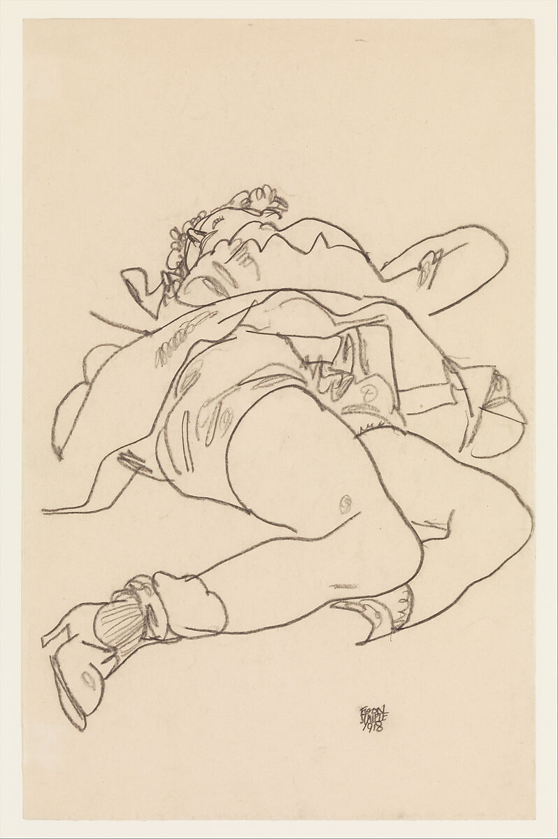 Reclining Woman with Raised Skirt, Egon Schiele (Austrian, Tulln 1890–1918 Vienna), Charcoal on paper 
