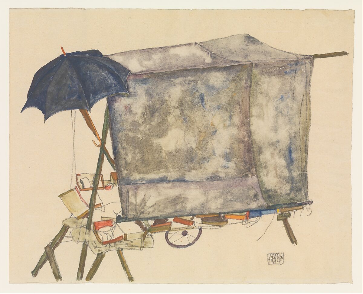 Street Cart, Egon Schiele (Austrian, Tulln 1890–1918 Vienna), Watercolor, opaque watercolor, and graphite on paper 