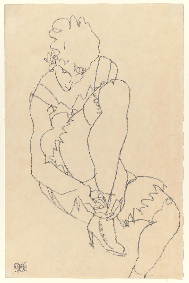 Woman Buttoning Her Shoes (recto); Study for Reclining Nude with Arms Raised (verso), Egon Schiele (Austrian, Tulln 1890–1918 Vienna), Charcoal on paper (recto) ; Graphite on paper (verso) 