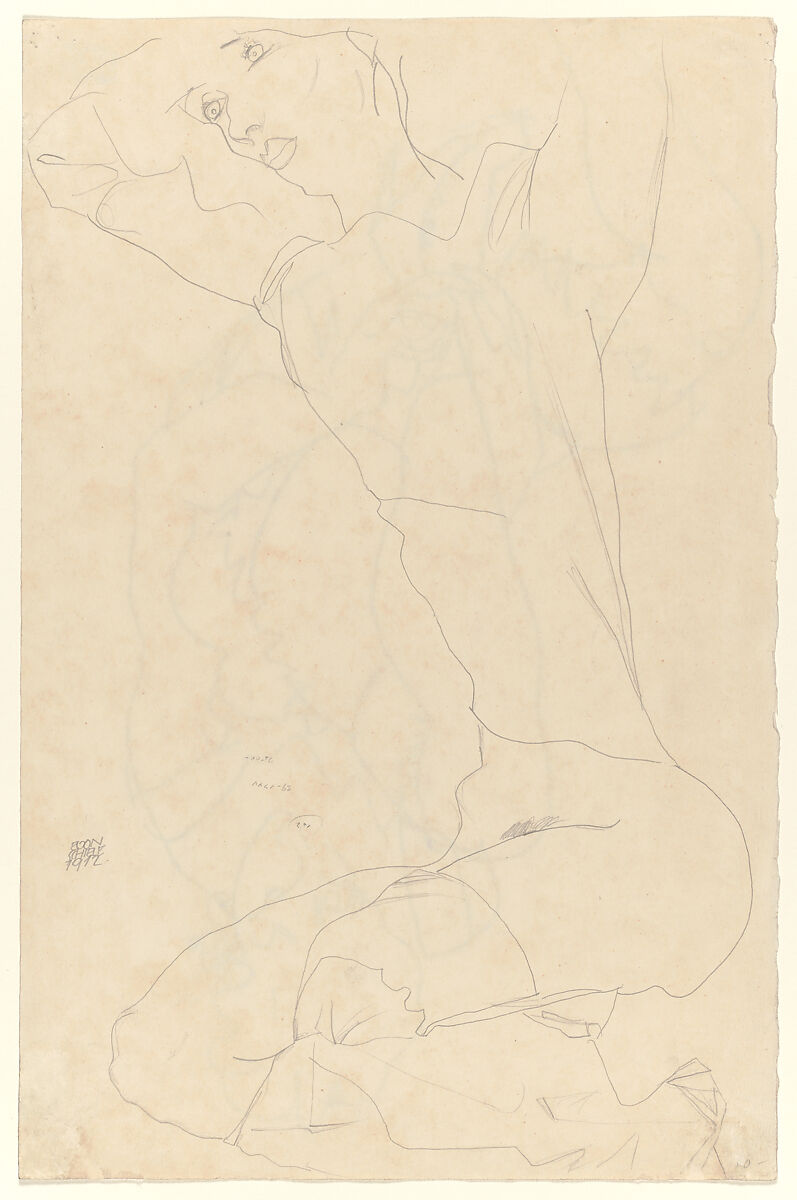 Woman Buttoning Her Shoes (recto); Study for Reclining Nude with Arms Raised (verso), Egon Schiele (Austrian, Tulln 1890–1918 Vienna), Charcoal on paper (recto) ; Graphite on paper (verso)