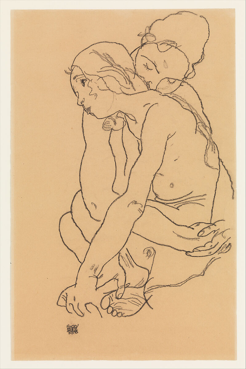 Woman and Girl Embracing, Egon Schiele (Austrian, Tulln 1890–1918 Vienna), Charcoal on paper 