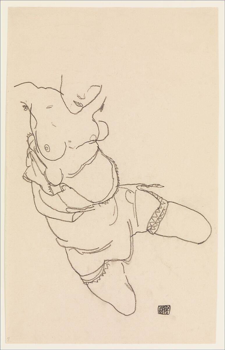 Semi-Dressed Model, Egon Schiele (Austrian, Tulln 1890–1918 Vienna), Charcoal on paper 