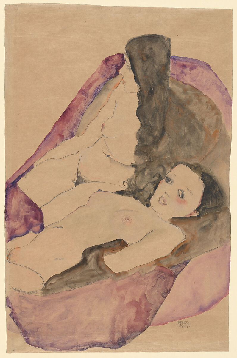 Two Reclining Nudes, Egon Schiele  Austrian, Watercolor and graphite on paper