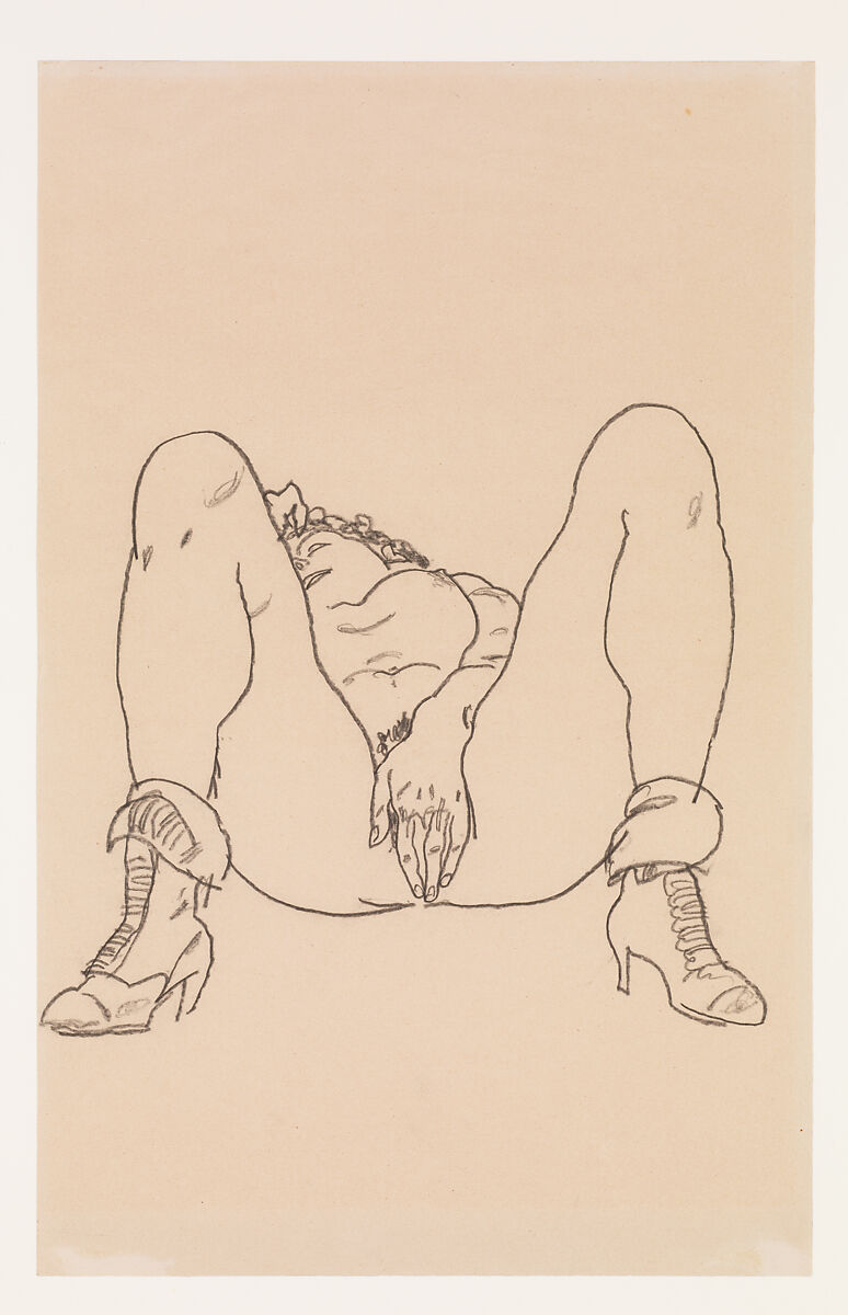 Reclining Nude with Boots, Egon Schiele (Austrian, Tulln 1890–1918 Vienna), Charcoal on paper 