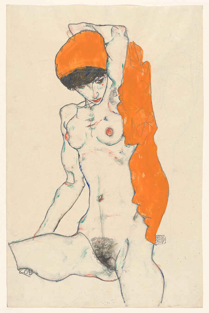 Standing Nude with Orange Drapery (recto): Study of Nude with Arms Raised (verso), Egon Schiele (Austrian, Tulln 1890–1918 Vienna), Watercolor, gouache and graphite on paper 