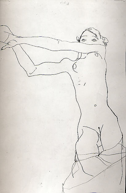 Standing Nude with Orange Drapery (recto): Study of Nude with Arms Raised (verso), Egon Schiele (Austrian, Tulln 1890–1918 Vienna), Watercolor, opaque watercolor, and graphite on paper