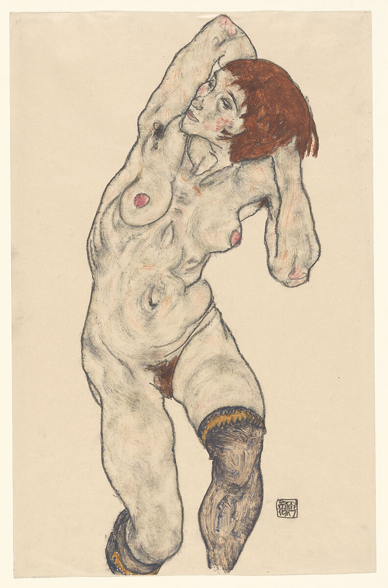 Nude in Black Stockings, Egon Schiele (Austrian, Tulln 1890–1918 Vienna), Opaque watercolor, watercolor, and charcoal on paper 