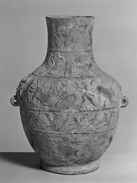 Vessel (Hu) with birds and animals, Earthenware, China