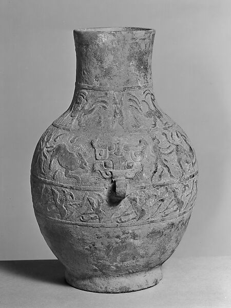 Vessel (Hu) with birds and animals, Earthenware, China