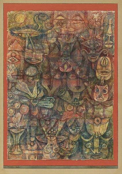 Strange Garden, Paul Klee (German (born Switzerland), Münchenbuchsee 1879–1940 Muralto-Locarno), Watercolor on gesso on fabric, bordered with gouache and ink, mounted on cardboard 
