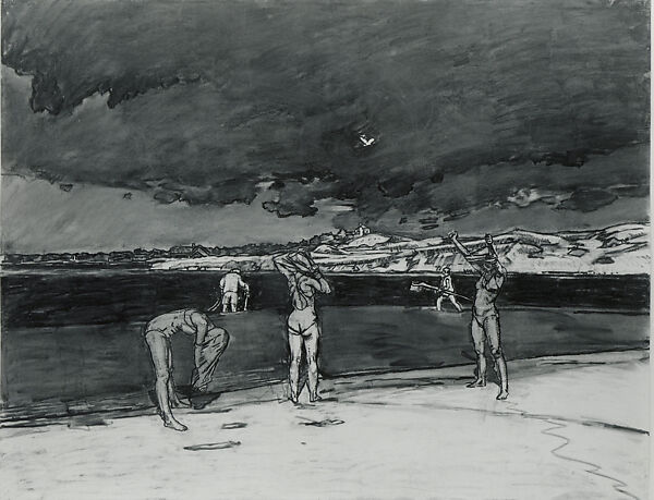 Bathers by the Pond, Dark Sky, Sagaponack, Graham Nickson (British, born Lancashire, 1946), Charcoal on paper 