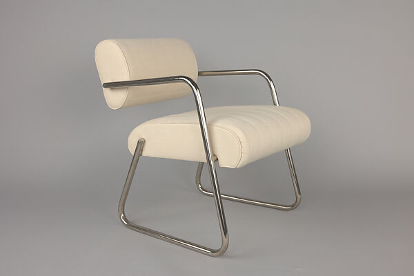 Armchair, Eileen Gray (British, Wexford 1879–1976 Paris), Chrome-plated tubular steel with white cotton fabric 