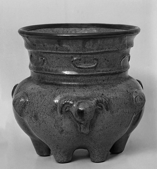 Tripod vessel with three ram heads, Stoneware with Jun-type glaze (Yixing ware), copper alloy mouth rim, China 