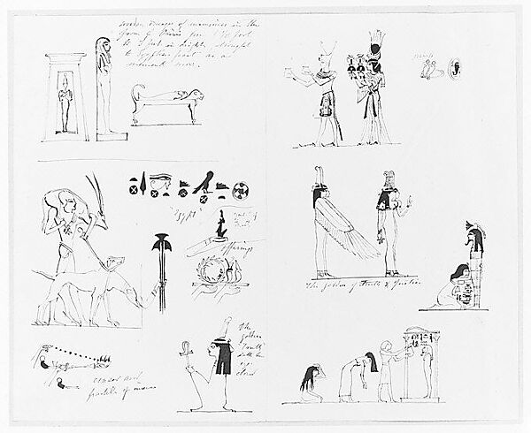 Egyptian Sculpture and Motifs (from Scrapbook), John Singer Sargent (American, Florence 1856–1925 London), Pen and ink on off-white wove paper, American