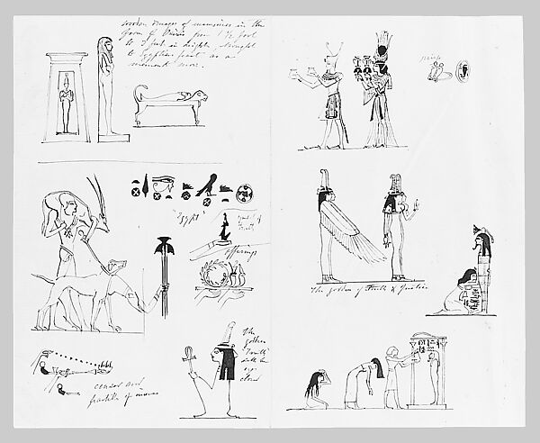 Egyptian Sculpture and Motifs (from Scrapbook), John Singer Sargent (American, Florence 1856–1925 London), Pen and ink on off-white wove paper, American 
