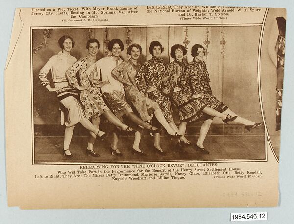 of debutantes wearing Americana Prints dresses while performing for the Benefit of the Henry Street Settlement House, Stehli Silks Corporation, Newspaper 