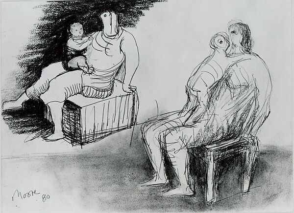 Two Mothers with Children, Henry Moore (British, Castleford 1898–1986 Much Hadham), Charcoal and ballpoint pen with opaque watercolor on paper 