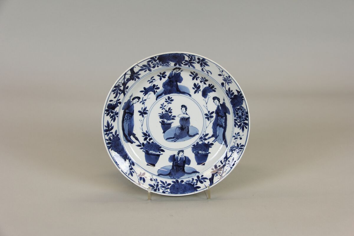 Plate with women and plants, Porcelain painted in underglaze cobalt blue (Jingdezhen ware), China 