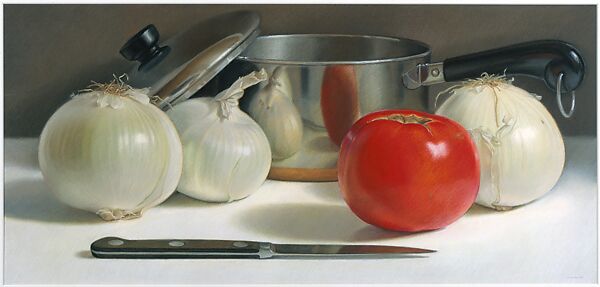 Onions and Tomato, Mary Ann Currier (American, Louisville, Kentucky 1927–2017 Louisville, Kentucky), Oil pastel on mat board 