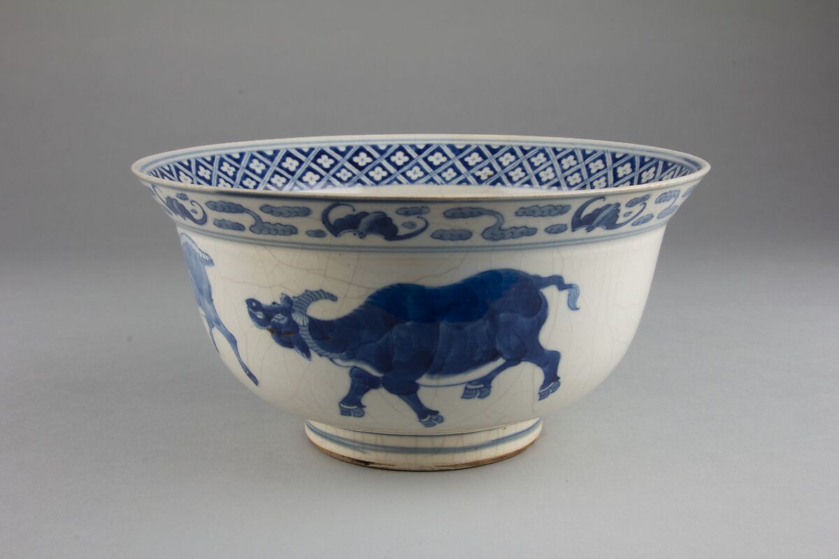 Bowl with ox, tiger, and lion, Soft-paste porcelain painted in underglaze cobalt blue (Jingdezhen ware), China