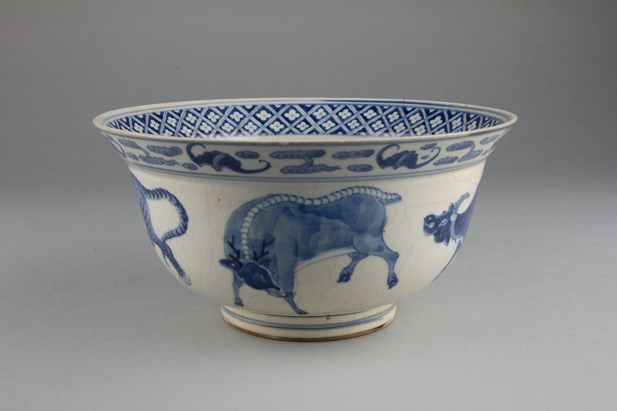 Bowl with ox, tiger, and lion, Soft-paste porcelain painted in underglaze cobalt blue (Jingdezhen ware), China 