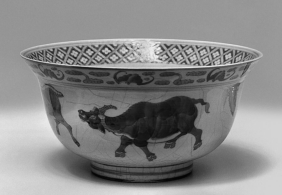 Bowl with ox, tiger, and lion, Soft-paste porcelain painted in underglaze cobalt blue (Jingdezhen ware), China