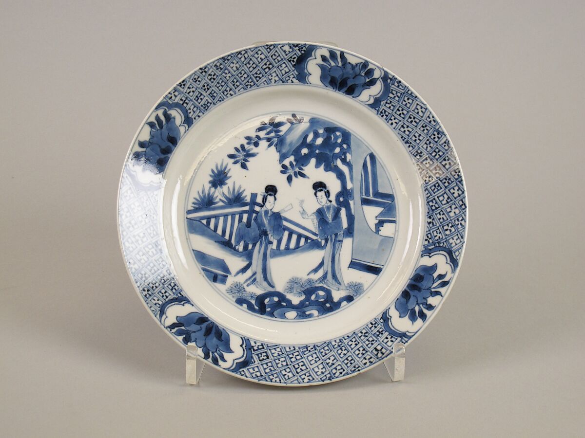 Plate with two ladies, Porcelain painted in underglaze cobalt blue (Jingdezhen ware), China 