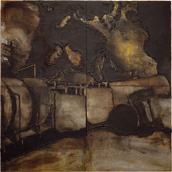 ACCIDENT July 15 1985, Donald Sultan (American, born Asheville, North Carolina, 1951), Latex and tar on tiles mounted on Masonite panels 