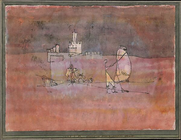 Episode Before an Arab Town, Paul Klee (German (born Switzerland), Münchenbuchsee 1879–1940 Muralto-Locarno), Watercolor and transferred printing ink on paper, bordered with gouache and ink, mounted on cardboard 