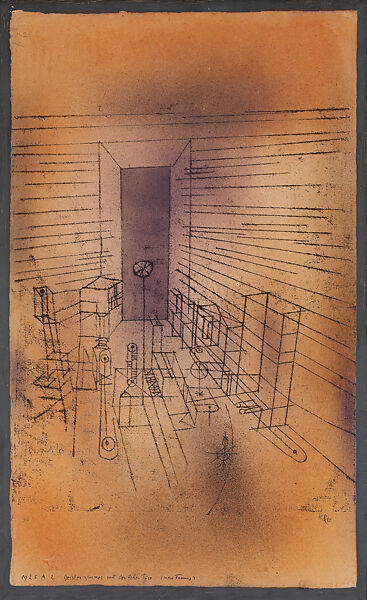Ghost Chamber with the Tall Door (New Version), Paul Klee (German (born Switzerland), Münchenbuchsee 1879–1940 Muralto-Locarno), Sprayed and brushed watercolor, and transferred printing ink on paper bordered with gouache and ink, mounted on cardboard 