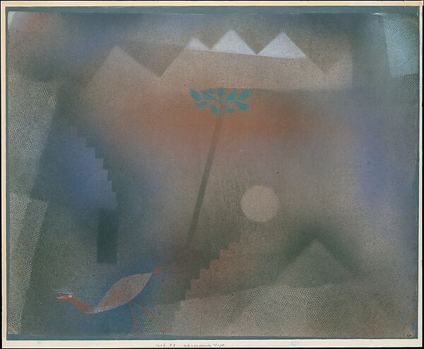 Bird Wandering Off, Paul Klee (German (born Switzerland), Münchenbuchsee 1879–1940 Muralto-Locarno), Sprayed and brushed gouache on paper, bordered with gouache, mounted on cardboard 