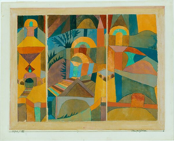Temple Gardens, Paul Klee (German (born Switzerland), Münchenbuchsee 1879–1940 Muralto-Locarno), Gouache and traces of ink on three sheets of paper mounted on paper mounted on cardboard 