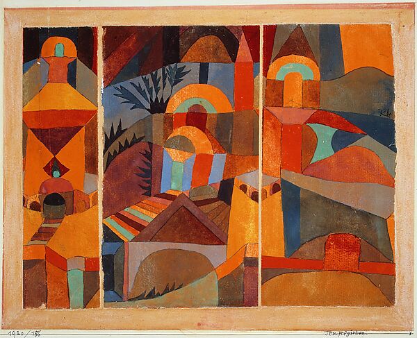 Temple Gardens, Paul Klee (German (born Switzerland), Münchenbuchsee 1879–1940 Muralto-Locarno), Gouache and traces of ink on three sheets of paper mounted on paper mounted on cardboard 