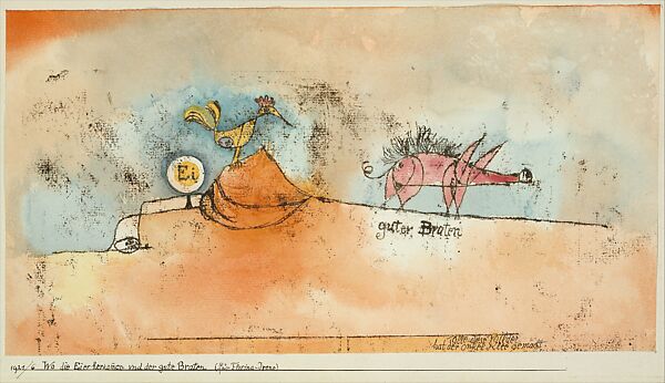 Where the Eggs and the Good Roast Come From, Paul Klee (German (born Switzerland), Münchenbuchsee 1879–1940 Muralto-Locarno), Watercolor and transferred printing ink on paper mounted on cardboard 