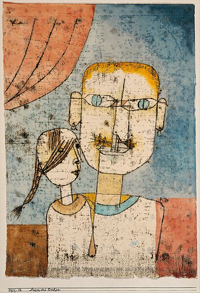 Adam and Little Eve, Paul Klee (German (born Switzerland), Münchenbuchsee 1879–1940 Muralto-Locarno), Watercolor and transferred printing ink on paper mounted on cardboard 