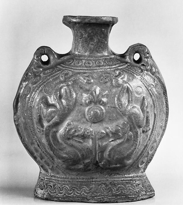 Pilgrim bottle with dragons, Glazed stoneware with carved and relief decoration, China 