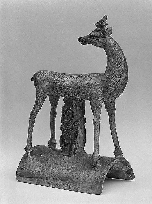 Roof tile with a figure of deer, Stoneware with polychrome glaze, China 